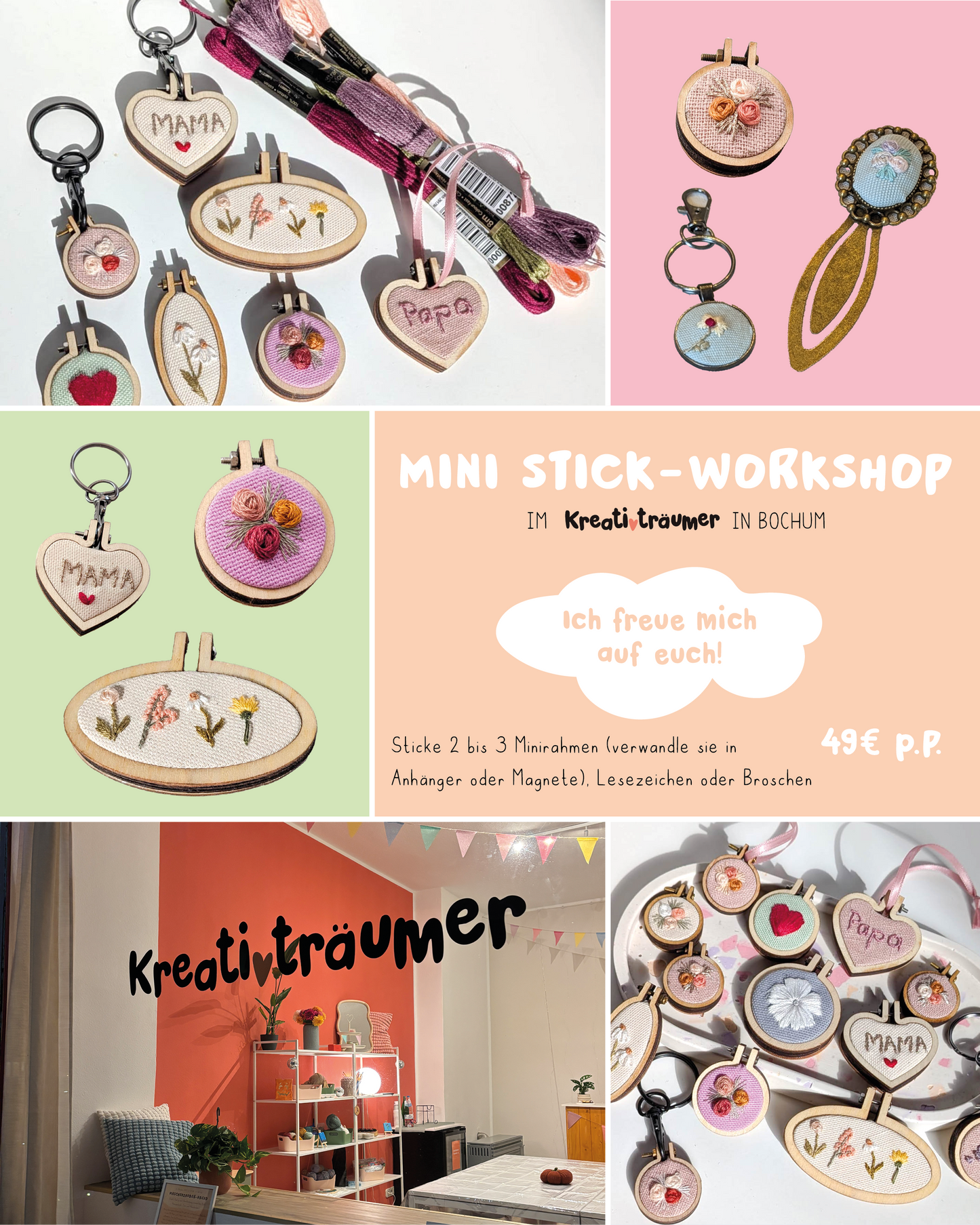 Stick-Workshop: Minirahmen, Lesezeichen und Broschen besticken
